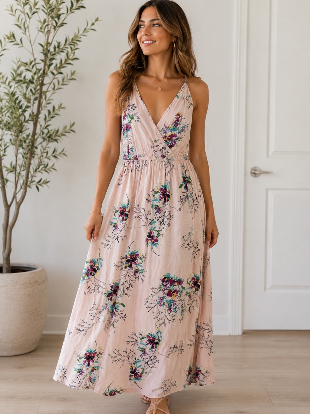 Pale Pink Floral V-Neck Maxi Dress (Brand is Rip Curl)
